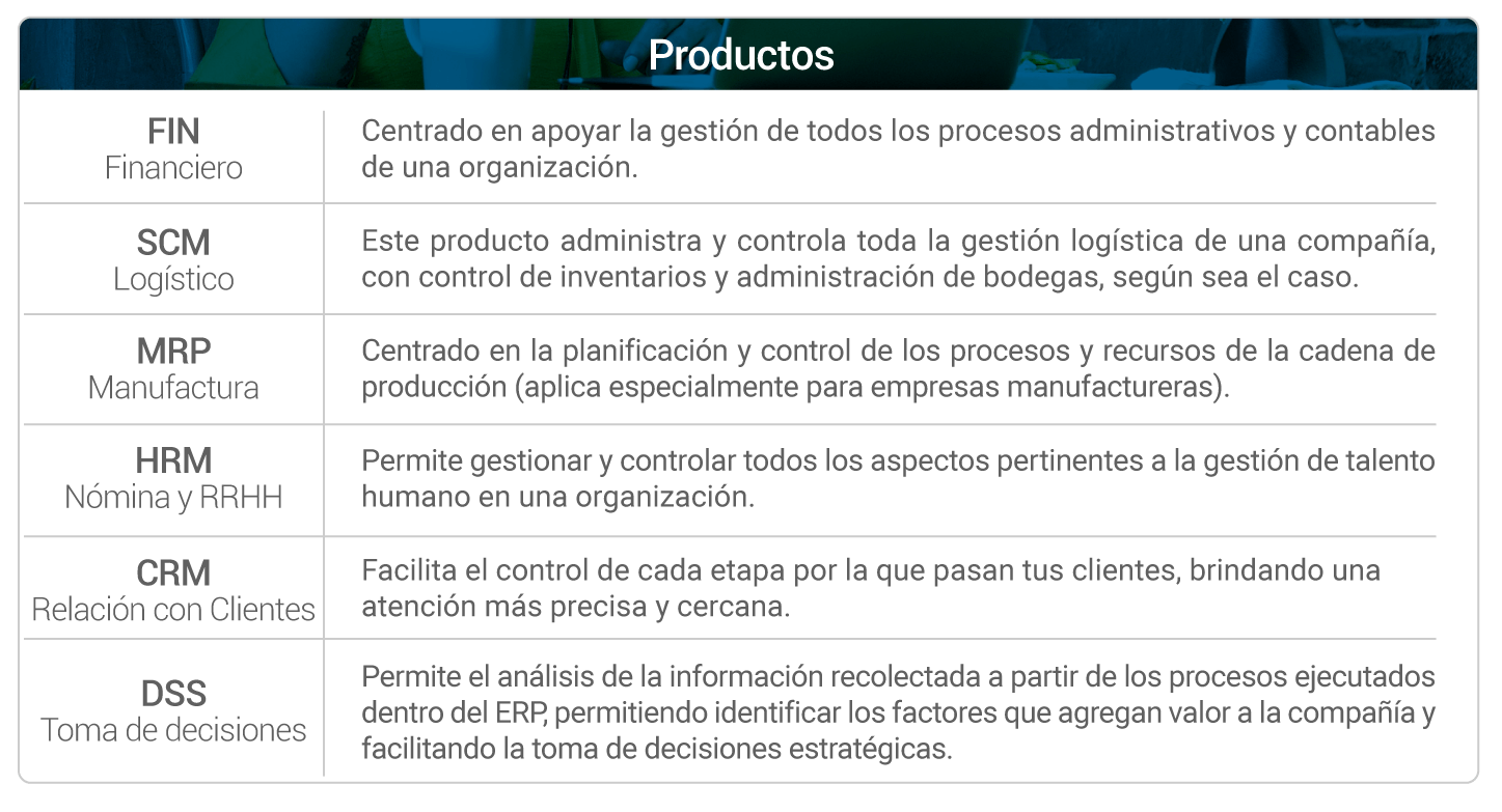 Las productos que conforman el ERP